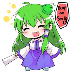  1girl :d ^_^ armored_core armored_core_4 blush chibi closed_eyes color_connection detached_sleeves english_text gohei green_hair hair_tubes head_tilt kochiya_sanae long_hair may_greenfield oonusa open_mouth parody smile solo toto_(hitori_othello) touhou 