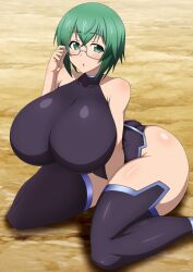  1girl absurdres ass bare_shoulders between_legs black_leotard blush breasts glasses green_eyes green_hair hand_between_legs highres huge_breasts impossible_clothes impossible_leotard infinite_stratos leotard looking_at_viewer semi-rimless_eyewear shiny_skin short_hair sitting skin_tight solo space_gorilla thighhighs thighs under-rim_eyewear wariza yamada_maya_(infinite_stratos)  rating:Sensitive score:14 user:danbooru