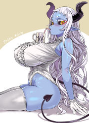 1girl asanagi blue_skin breasts colored_eyelashes colored_skin cup demon_girl drinking_straw drinking_straw_in_mouth eyeliner from_side gloves highres horns large_breasts long_hair mug no_panties original pointy_ears red_eyeliner simple_background sitting skindentation solo symbol-shaped_pupils tail thick_thighs thighhighs thighs very_long_hair white_hair white_thighhighs yellow_eyes rating:Sensitive score:169 user:danbooru
