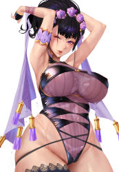  1girl armlet armpits arms_up bare_shoulders black_gloves black_hair black_one-piece_swimsuit breasts covered_navel fate/grand_order fate_(series) fingerless_gloves flower gloves gold_trim gtunver hair_flower hair_ornament hair_up half_gloves highleg highleg_swimsuit highres large_breasts long_hair looking_at_viewer mole mole_on_armpit murasaki_shikibu_(fate) murasaki_shikibu_(swimsuit_rider)_(fate) one-piece_swimsuit one_eye_closed purple_eyes purple_hair shawl single_thighhigh smile swimsuit thighhighs thighs  rating:Sensitive score:142 user:danbooru