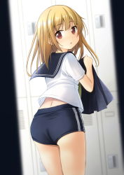  1girl :o ass black_sailor_collar black_skirt blonde_hair blue_shorts blurry blurry_foreground brown_eyes commentary_request depth_of_field from_behind gym_shorts highres holding holding_clothes holding_skirt indoors locker locker_room long_hair looking_at_viewer looking_back original parted_lips pleated_skirt sailor_collar school_uniform serafuku shibacha shirt short_shorts shorts skirt unworn_skirt solo standing white_shirt  rating:Sensitive score:22 user:danbooru