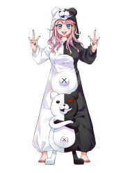  1girl \m/ animal_hood barefoot bear_hood blue_eyes breasts commentary_request crossed_arms danganronpa:_trigger_happy_havoc danganronpa_(series) enoshima_junko evil_grin evil_smile full_body grin highres hood keke_(user_zech7732) large_breasts monokuma onesie pink_hair red_nails simple_background smile toenails tongue tongue_out white_background 