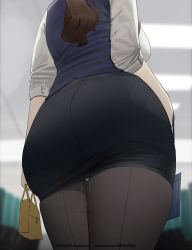 1girl aftersex ass ass_focus backboob bag black_skirt blue_vest breasts brown_hair cum cum_in_pussy cum_plugged cumdrip from_behind from_below highres huge_ass id_card lanyard large_breasts long_hair miniskirt mmmmmkun office_lady original pantyhose pencil_skirt ponytail pussy_juice pussy_juice_drip pussy_juice_trail seamed_legwear shirt sideboob skirt thick_thighs thighs torn_clothes torn_pantyhose vest white_shirt wide_hips rating:Explicit score:301 user:POLTATO
