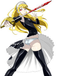  1girl ass black_dress black_thighhighs blonde_hair blood bridal_gauntlets dress elbow_gloves female_focus from_behind gloves hime_(kaibutsu_oujo) hinoki_(hinoki-buro) kaibutsu_oujo long_hair looking_back panties red_eyes simple_background solo standing sword thighhighs tiara underwear weapon white_background white_panties wind wind_lift  rating:Questionable score:50 user:≤±≥