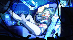 1girl ;&gt; absurdres alcohol barefoot black_jacket blue_bra bra breasts colored_sclera cup cyberpunk_(series) cyberpunk_edgerunners emoticon english_text fang green_eyes gun headgear highres holding holding_cup huge_weapon ice ice_cube jacket long_sleeves looking_at_viewer open_clothes open_jacket open_mouth raised_eyebrow rebecca_(cyberpunk) red_pupils red_sclera samurai_jacket_(cyberpunk) shotgun small_breasts solo sparkle teeth tracey twintails underwear unworn_footwear upper_teeth_only weapon whiskey  rating:Sensitive score:3 user:danbooru