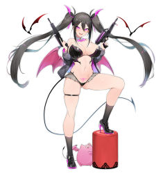  1girl :d bare_shoulders bat_(animal) black_footwear black_hair black_jacket breasts cleavage demon_wings detached_collar dual_wielding fangs finger_on_trigger full_body gluteal_fold groin gun hair_between_eyes hair_ornament handgun high_heels highleg highres holding holding_gun holding_weapon jacket large_breasts long_hair long_sleeves looking_at_viewer luse_maonang nail_polish off_shoulder one_eye_closed open_clothes open_jacket open_mouth original pink_eyes pistol pubic_tattoo revealing_clothes sidelocks simple_background skindentation smile solo standing tattoo thigh_strap thighs twintails v-shaped_eyebrows very_long_hair weapon white_background wings yuuki_nanase  rating:Sensitive score:48 user:danbooru