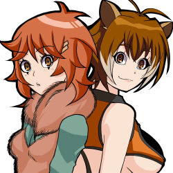  2girls :3 animal_ears animification antenna_hair arc_system_works back back-to-back bare_shoulders blazblue blazblue:_continuum_shift breasts brown_eyes brown_hair crop_top crossover doreen_green eito female_focus freckles from_side fur_trim hair_ornament hairclip large_breasts light_smile looking_at_viewer lowres makoto_nanaya marvel matching_hair/eyes multicolored_hair multiple_girls parted_lips red_hair short_hair sideboob simple_background small_breasts smile squirrel_ears squirrel_girl squirrel_girl_(marvel) squirrel_tail superhero_costume tail trait_connection two-tone_hair underboob upper_body white_background white_hair  rating:Sensitive score:33 user:danbooru
