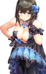  10s 1girl arm_garter bare_shoulders black_dress black_gloves black_hair black_thighhighs blue_eyes blue_flower blue_rose blush breasts cleavage dress eyebrows flower gloves hair_between_eyes hair_flower hair_ornament hand_on_own_hip highres hiromochi_(hiro39ra1) idolmaster idolmaster_cinderella_girls idolmaster_cinderella_girls_starlight_stage index_finger_raised jewelry large_breasts layered_dress leaning_forward legs_together long_hair looking_at_viewer necklace no_bra pendant pointing rose sagisawa_fumika simple_background skindentation smile solo standing strapless strapless_dress thighhighs tiara white_background 