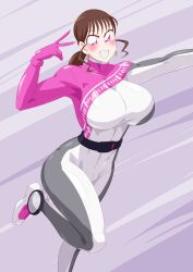  1girl absurdres bakuage_sentai_boonboomger breasts brown_hair highres large_breasts no_headwear otokamu pink_eyes shifuto_mira skinsuit super_sentai  rating:Questionable score:1 user:TheWarren1995