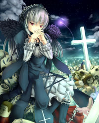  00s 1girl bad_id bad_pixiv_id cloud cross doll doll_joints dress feathers frills hairband headdress highres joints kneehighs long_hair night night_sky red_eyes ribbon rozen_maiden silver_hair sitting sky socks solo star_(sky) star_(symbol) starry_sky stuffed_animal stuffed_toy suigintou visualcat 