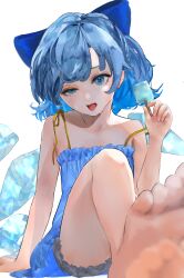  1girl absurdres adapted_costume arm_at_side bare_arms barefoot black_bloomers bloomers blue_bow blue_dress blue_eyes blue_hair blurry bow bright_pupils cirno commentary depth_of_field dress eneshi eyebrows_hidden_by_hair eyelashes feet food foot_focus foot_out_of_frame foreshortening hair_bow half-closed_eye hand_up highres holding holding_food holding_popsicle ice ice_wings knee_up looking_at_viewer medium_hair open_mouth popsicle simple_background sitting sleeveless sleeveless_dress solo spaghetti_strap strap_slip sweat swept_bangs tongue tongue_out touhou underwear white_background wings 
