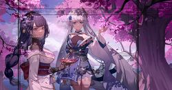  2girls absurdres blue_eyes blue_hair blue_sky blunt_bangs braid cherry_blossoms chinese_commentary choko_(cup) closed_mouth cloud cloudy_sky commentary_request commission couple cup genshin_impact hair_ornament hand_up highres holding holding_cup japanese_clothes light_blue_hair light_smile long_hair looking_at_viewer looking_to_the_side mole mole_under_eye mountain multiple_girls ocean original outdoors purple_eyes purple_hair raiden_shogun single_braid sky standing teeth tree yuri zhugongjuxiangzhuxiaolin 