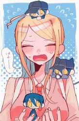  1girl 3boys ahoge akamatsu_kaede animal_ears animal_hands backpack bag baseball_cap black_hat black_jacket black_sleeves blonde_hair blue_background blue_gloves blue_hair blush_stickers border breasts buttons cat_ears cat_tail chibi chibi_on_head chibi_on_shoulder clone closed_mouth collared_jacket collared_shirt commentary_request danganronpa_(series) danganronpa_v3:_killing_harmony double-breasted fingernails flying_sweatdrops furrowed_brow gloves goma_v3 hair_between_eyes hat high_collar highres holding holding_chibi holding_magnifying_glass jacket large_breasts long_hair long_sleeves magnifying_glass multiple_boys necktie nervous_sweating on_head open_mouth outside_border panicking paw_gloves pink_vest polka_dot polka_dot_background red_necktie saihara_shuichi shirt short_hair simple_background smile speech_bubble sweat tail v-neck vest wavy_mouth white_border white_shirt yellow_eyes yellow_sleeves 