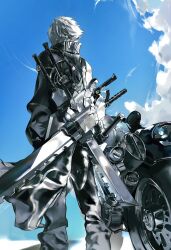 1boy black_gloves blue_sky cloud_strife fenrir_(vehicle) final_fantasy final_fantasy_vii final_fantasy_vii_advent_children fusion_swords gloves highres holding holding_sword holding_weapon looking_at_viewer looking_back partially_colored sheath single_sleeve sky solo standing sword weapon weapon_on_back yiran_toru 