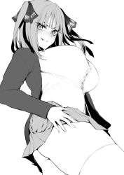 1girl bow breasts go-toubun_no_hanayome hair_bow highres large_breasts miniskirt monochrome nakano_nino sian skirt thick_thighs thighhighs thighs twintails  rating:Sensitive score:29 user:retrospectrum