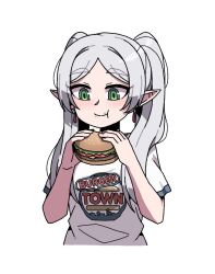  1girl alternate_costume burger commentary cropped_torso dangle_earrings earrings eating food food_in_mouth food_on_face frieren green_eyes jewelry karepack long_hair parted_bangs shirt short_sleeves simple_background smile solo sousou_no_frieren symbol-only_commentary text_print twintails white_background white_hair white_shirt  rating:General score:7 user:danbooru