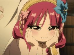  1girl :t animated animated_gif barrel blush embarrassed flower hair_flower hair_ornament jewelry lots_of_jewelry magi_the_labyrinth_of_magic morgiana necklace pout red_hair  rating:Sensitive score:93 user:notchrishansen
