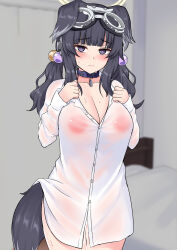 1girl absurdres alternate_costume animal_ears bed black_hair blue_archive blue_collar blue_eyes blunt_bangs blush breasts bright_pupils cleavage collar collarbone collared_shirt covered_erect_nipples dog_ears dog_girl dog_tail goggles goggles_on_head hair_bobbles hair_ornament hibiki_(blue_archive) highres indoors kisaragi_nana large_breasts long_sleeves looking_at_viewer low_twintails medium_hair naked_shirt shirt sidelocks solo sweat tail twintails variant_set white_pupils white_shirt rating:Questionable score:26 user:danbooru
