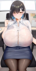  1girl black_hair blue_skirt blurry blurry_background bracelet breasts button_gap chair chomikuplus collared_shirt colored_inner_hair dawn_(chomikuplus) hair_ornament hairclip highres huge_breasts jewelry mole mole_under_eye multicolored_hair office_chair office_lady original pantyhose pencil_skirt popped_button shirt sitting skirt solo sweat swivel_chair two-tone_hair white_shirt yellow_eyes  rating:Questionable score:78 user:danbooru