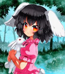 1girl animal animal_ears bad_id bad_pixiv_id black_hair blush carrot_necklace holding holding_animal inaba_tewi jewelry looking_at_viewer necklace parted_lips puffy_short_sleeves puffy_sleeves qqqrinkappp rabbit rabbit_ears rabbit_girl rabbit_tail red_eyes shikishi short_hair short_sleeves solo tail touhou traditional_media upper_body rating:Sensitive score:3 user:danbooru
