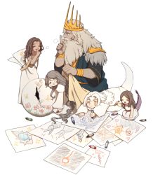  1boy 4girls aged_down beard brown_hair child child&#039;s_drawing company_captain_yorshka cracked_egg crayon crown dark_souls_(series) dark_souls_i dark_souls_iii donar0217 dragon_girl dragon_tail facial_hair father_and_daughter filianore_(dark_souls) grey_hair gwyn_lord_of_cinder long_hair multiple_girls papers priscilla_the_crossbreed queen_of_sunlight_gwynevere sleeping tail white_hair  rating:General score:46 user:danbooru