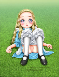 1girl anus blonde_hair bloomers bloomers_pull blue_dress blush cleft_of_venus dress grass kahis_(sweetbriar) loli lying on_back open_mouth original outdoors panties presenting pussy shoes solo tagme uncensored underwear upskirt rating:Explicit score:68 user:quandor