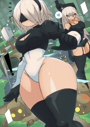  ! 1boy 2b_(nier:automata) 3girls a2_(nier:automata) anger_vein black_gloves black_hair black_leotard black_shirt black_shorts black_thighhighs blindfold blue_eyes blush bodysuit breasts building character_request cleavage cleavage_cutout clothing_cutout creature crossover curvy disney eve_(stellar_blade) gloves grass green_bodysuit grey_hair hairband heart large_breasts leotard long_hair long_sleeves looking_at_viewer multiple_girls nier:automata nier_(series) parted_lips pixar planet_diving_suit_(7th)_(stellar_blade) pod_(nier:automata) ponytail puff_of_air puffy_sleeves shirt short_hair short_shorts shorts side_ponytail skyscraper smile sparkle speech_bubble spoken_heart standing stellar_blade sword tank_top teeth thick_thighs thighhighs thighs tony_welt wall-e wall-e_(character) weapon wide_hips 