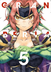  1girl absurdres animal_ears armor black_armor breasts cape colored_skin dragon_ears dragon_girl eye_tattoo facial_tattoo forehead_protector granberia green_skin highres kawahara0527 looking_at_viewer medium_breasts mon-musu_quest! monster_girl pointy_ears purple_cape red_hair scales short_hair tattoo yellow_eyes 