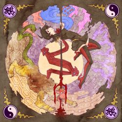  1girl ape black_hair black_theme blood bow chimra chinese_text female_focus houjuu_nue lion polearm red_eyes red_theme she_devil skirt snake solo touhou trident weapon ying_and_yang  rating:Questionable score:3 user:Xru