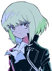  1boy aiguillette ascot black_jacket closed_mouth colored_eyelashes green_hair jacket jihecchi lio_fotia looking_to_the_side medium_hair promare purple_eyes simple_background solo upper_body white_ascot white_background 