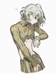  1boy bags_under_eyes black_eyes crop_top cropped_shirt dungeon_meshi elf gorget grey_hair hamita_(rikopin_ika) long_sleeves looking_to_the_side male_focus midriff mithrun navel notched_ear pointy_ears shirt short_hair simple_background solo wavy_hair white_background 