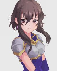  1girl armor black_hair breastplate earrings elbow_gloves fire_emblem fire_emblem:_genealogy_of_the_holy_war gloves grey_background hair_between_eyes hashiko_(neleven) jewelry larcei_(fire_emblem) looking_at_viewer nintendo purple_tunic serious short_hair shoulder_armor sidelocks simple_background solo staring tomboy tunic 