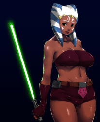  1girl aged_up ahsoka_tano alien animification bad_id bad_pixiv_id bandeau bare_shoulders belt belt_pouch breasts cleavage clone_wars cowboy_shot dark-skinned_female dark_skin elbow_gloves energy_sword facial_mark fingerless_gloves forehead_mark ganto gloves glowing gradient_background green_eyes holding jedi large_breasts light_smile lightsaber lips lipstick loincloth looking_at_viewer makeup midriff navel plump pouch red_lips shiny_clothes shiny_skin short_shorts shorts smile solo standing star_wars star_wars:_the_clone_wars striped sword tattoo tentacle_hair thick_thighs thighs togruta weapon wide_hips  rating:Questionable score:146 user:danbooru