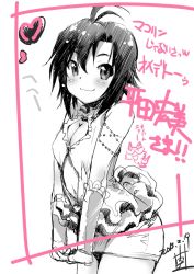  1girl :3 antenna_hair bare_shoulders black_hair blush breasts cleavage cleavage_cutout clothing_cutout dated heart hirata_hiromi idolmaster idolmaster_(classic) inoue_sora interlocked_fingers kikuchi_makoto miniskirt monochrome outstretched_arms short_hair signature sketch skirt smile solo translation_request voice_actor_connection 