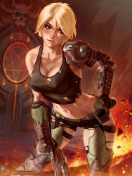  1girl :q black_eyes black_pants blonde_hair blurry blurry_background breasts cleavage collarbone commentary contrapposto dated doom_(game) doomguy english_commentary fire genderswap genderswap_(mtf) gun hand_on_own_hip helm helmet highres holding holding_gun holding_weapon leaning_forward medium_breasts midriff navel pants pentagram scar scar_on_face short_hair shotgun single_bare_shoulder solo tank_top themaestronoob tongue tongue_out torn_clothes watermark weapon web_address  rating:Sensitive score:87 user:danbooru