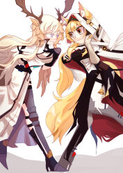  absurdres animal_ear_fluff animal_ears arknights armor blonde_hair breastplate breasts brown_eyes cape cosplay costume_switch deer_ears ears_through_headwear highres horse_ears horse_tail implied_extra_ears large_breasts long_hair nearl_(arknights) parliament_14 purple_eyes tail viviana_(arknights) white_armor white_cape 