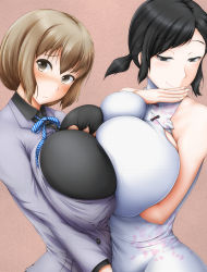 10s 2girls bare_shoulders black_hair blush bol_(liliymimi) breast_press breasts brown_eyes brown_hair china_dress chinese_clothes devil_survivor devil_survivor_2 dress female_focus frown huge_breasts kanno_fumi multiple_girls nitta_io pink_background ribbon short_hair short_twintails simple_background smile symmetrical_docking twintails rating:Questionable score:120 user:joeyjoe