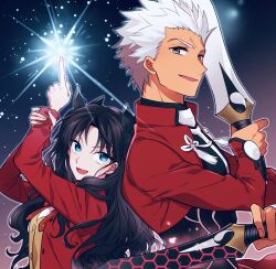 1boy 1girl archer_(fate) back-to-back black_bow black_hair black_shirt black_skirt blue_eyes bow bowtie commentary_request cropped_jacket dark-skinned_male dark_skin fate/stay_night fate_(series) gradient_background grey_eyes hair_bow highres holding holding_sword holding_weapon homurahara_academy_school_uniform jacket kanshou_&amp;_bakuya_(fate) long_hair looking_at_viewer open_mouth profile ran_(ran_0605) red_bow red_jacket school_uniform shirt skirt smile spiked_hair sword tohsaka_rin upper_body weapon white_hair
