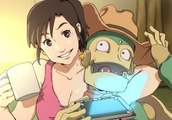  1boy 1girl bad_id bad_pixiv_id breasts brown_eyes brown_hair choke_hold cleavage collarbone cowboy_hat cup grin hat holding holding_cup holographic_interface kanau large_breasts mina_(robot_on_the_road) mug ponytail robot robot_on_the_road robowo scarf smile strangling tabi_no_robo_kara tablet_pc tank_top upper_body  rating:Sensitive score:13 user:danbooru
