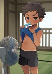  1boy black_eyes black_hair black_shorts blush chickenchild clothes_lift fan food food_in_mouth male_focus original popsicle popsicle_in_mouth shirt_lift shorts shota solo tan tanline undershirt 