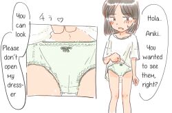  1girl absurdres black_eyes blush bow bow_panties brown_hair clothes_lift collarbone commentary dot_nose embarrassed feet_out_of_frame green_panties hard-translated highres ikea2312 inset lifted_by_self loli looking_to_the_side medium_hair open_mouth original panties parted_bangs shirt shirt_lift short_sleeves simple_background solo standing striped_clothes striped_panties third-party_edit translated underwear white_background white_shirt  rating:Questionable score:54 user:LittleLoliPanties