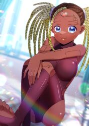  1girl :p android bare_arms bare_shoulders blonde_hair blue_eyes blurry blurry_background braid brown_hair brown_leotard closed_mouth commentary_request commission copyright_request dark-skinned_female dark_skin depth_of_field hands_on_own_knees heart kou_hiyoyo leotard looking_at_viewer multicolored_hair no_shoes sitting skeb_commission smile solo thighhighs toeless_legwear tongue tongue_out twintails two-tone_hair virtual_youtuber 