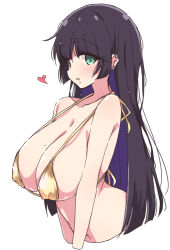  1girl bare_arms bare_shoulders bikini black_hair bocchi_the_rock! breasts cleavage cropped_torso gold_bikini green_eyes heart highres huge_breasts long_hair looking_at_viewer mel_(melty_pot) mole mole_on_breast open_mouth pa-san simple_background solo swimsuit upper_body white_background 