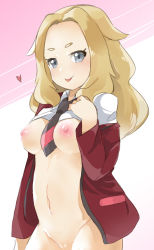  1girl :p between_breasts blonde_hair bottomless breasts clothes_lift commentary_request creatures_(company) cropped_legs female_focus game_freak grey_eyes heart jacket lass_(pokemon) long_hair looking_at_viewer medium_breasts naik navel necktie necktie_between_breasts nintendo nipples npc_trainer off_shoulder pokemon pokemon_swsh pussy shirt_lift simple_background solo standing stomach tongue tongue_out two-tone_background uncensored  rating:Explicit score:58 user:Roar_of_the_Sea