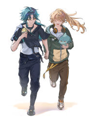  2boys aether_(genshin_impact) ahoge black_hair black_hood black_pants blonde_hair brown_pants closed_eyes closed_mouth facial_mark forehead_mark genshin_impact green_hair green_hood hane_(odeu) headphones headphones_around_neck highres hood hooded_jacket jacket long_hair long_sleeves male_focus multicolored_hair multiple_boys open_mouth pants ponytail shoes short_sleeves smile sneakers stuffed_animal stuffed_bird stuffed_toy white_background xiao_(genshin_impact) yellow_eyes 