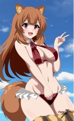  1girl :d animal_ear_fluff animal_ears artist_name bare_arms bikini blue_sky blunt_bangs boots breasts brown_hair cleavage cloud collar cowboy_shot day frilled_bikini frills groin hair_between_eyes hand_up indexxryo large_breasts light_blush long_hair looking_at_viewer navel open_mouth outdoors raccoon_ears racoon_tail raphtalia red_bikini red_eyes sky smile solo swimsuit tail tate_no_yuusha_no_nariagari thigh_boots v white_collar 