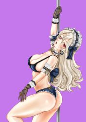  ass belly bikini blonde_hair breasts corrin_(female)_(fire_emblem) corrin_(fire_emblem) fire_emblem gloves highres large_breasts lingerie maid maid_bikini maid_headdress maid_lingerie midriff nintendo open_mouth pole pole_dancing purple_background red_eyes ribbon stripper_pole swimsuit unconventional_maid underwear  rating:Sensitive score:22 user:Cat_of_Ulthar