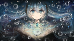  1girl bad_id bad_pixiv_id blue_eyes blue_hair blush book bubble hatsune_miku highres long_hair looking_at_viewer open_book parted_lips solo star_(symbol) twintails upper_body vocaloid z_z 