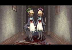  2girls 3ni3ni animal_ear_headphones animal_ears apron axe black_dress black_footwear blonde_hair blood blood_on_clothes blue_archive bucket cat_tail closed_mouth dress fake_animal_ears frilled_apron frills green_eyes green_halo halo headphones highres holding holding_bucket indoors long_sleeves looking_at_viewer maid maid_apron maid_headdress midori_(blue_archive) midori_(maid)_(blue_archive) momoi_(blue_archive) momoi_(maid)_(blue_archive) multiple_girls official_alternate_costume pantyhose parody pink_halo red_eyes shoes short_hair siblings sisters tail the_shining twins white_apron white_pantyhose 