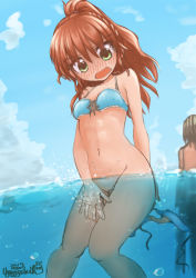  1boy 1girl artist_name bare_shoulders bikini bikini_top_only blue_bikini blue_sky blush bottomless braid breasts brown_hair bubble cloud collarbone covering_privates covering_ass covering_crotch dated day embarrassed french_braid green_eyes hair_tie highres knees_together_feet_apart long_hair looking_down motion_lines navel nose_blush ocean open_mouth original partially_submerged partially_underwater_shot ponytail side-tie_bikini_bottom signature sky small_breasts solo_focus standing stomach swimsuit ugogogesik wading wardrobe_malfunction water  rating:Questionable score:39 user:AngryZapdos